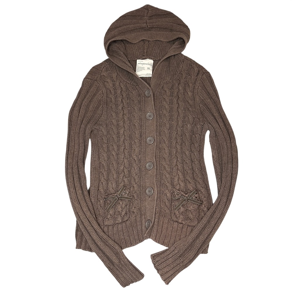 Aeropostale Y2K Brown Cable Knit Hooded Cardigan Sweater Bow Pockets XL